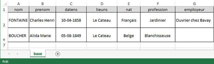 Base données Excel